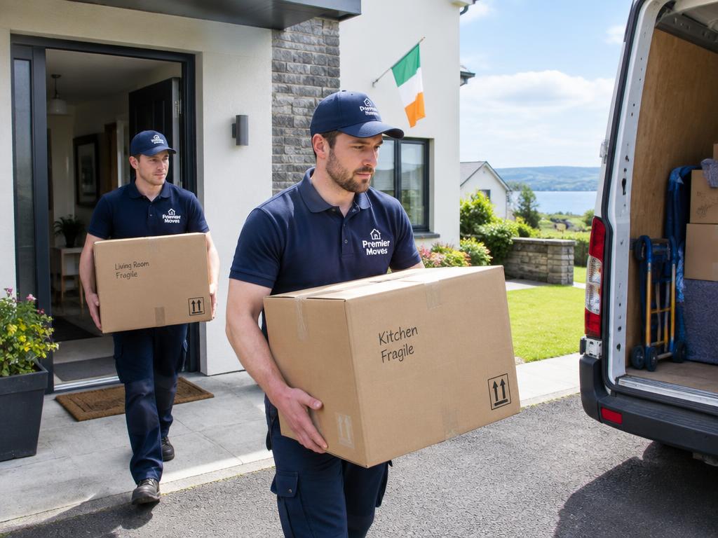 Movers carrying boxes from a house to the van