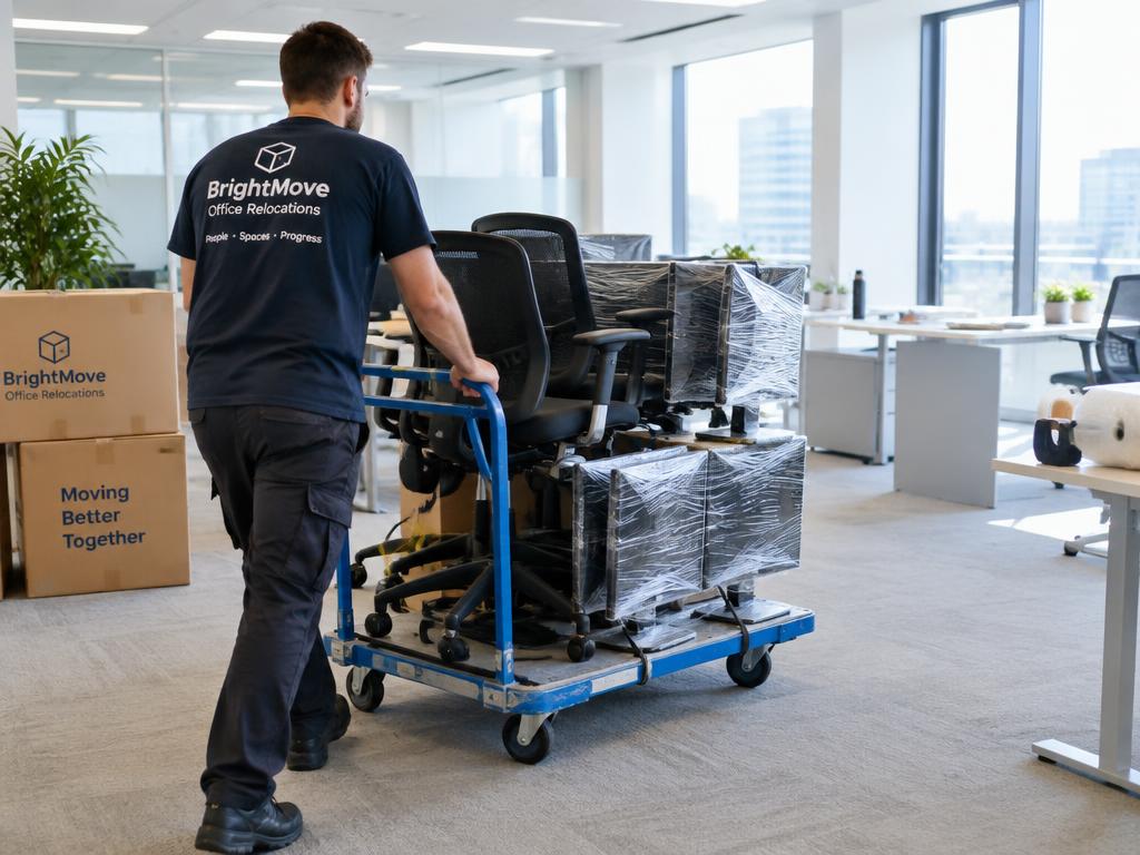 Office chairs and monitors being moved on a trolley