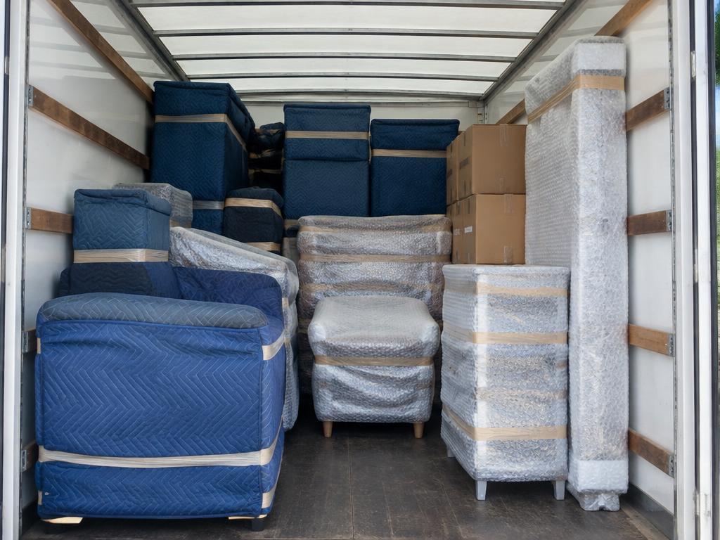 Furniture wrapped in blankets inside a removals van