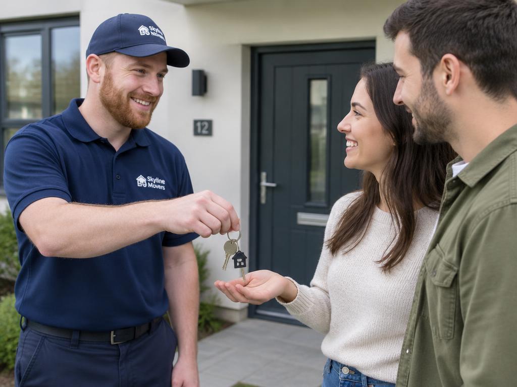 Mover handing keys to a happy couple
